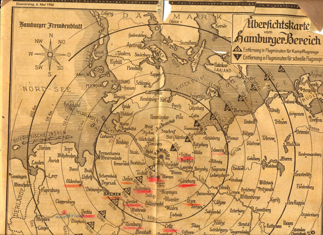 Karte der Flugminuten von Bombergeschwadern